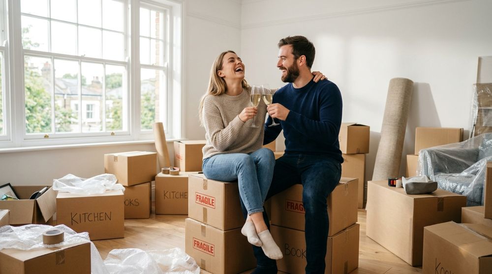 Casal comemorando a mudança para o apartamento novo